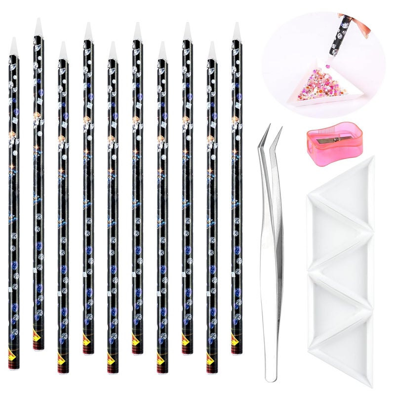BOMOQING 10 Pencil for Rhinestones Pick up,Wax Rhinestone Picker Tool Pencil Nail Dotting Applicator White Bead Sorting Tray Triangular Plate 1 Pencil Sharpener, 1 Tweezers for Nail Art DIY - Image 1
